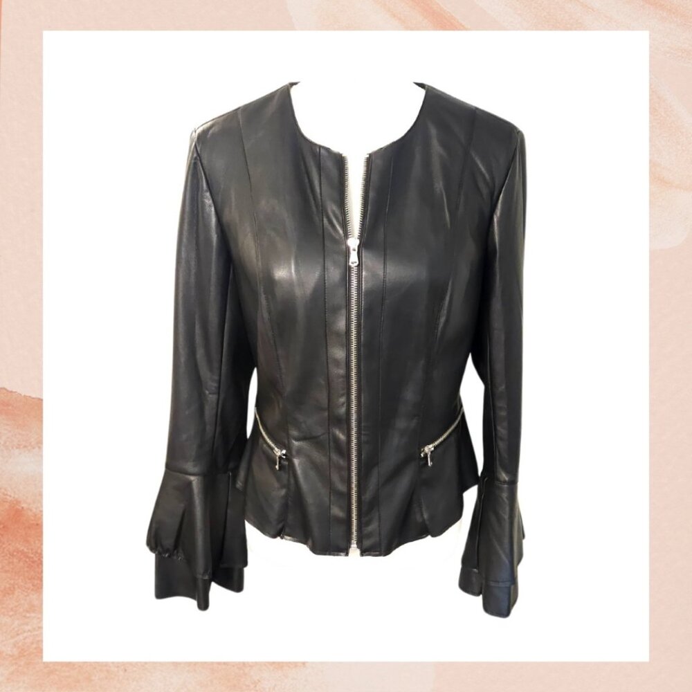 INC Black Ruffle Sleeve Faux Leather Jacket
